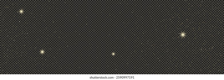 Gold glittering dust with stars on a gray transparent background. Dust with gold glitter effect and empty space for your text.  Vector illustration