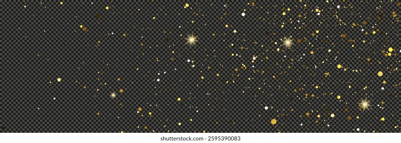 Gold glittering dust with stars on a gray transparent background. Dust with gold glitter effect and empty space for your text.  Vector illustration