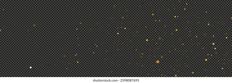 Gold glittering dust with stars on a gray transparent background. Dust with gold glitter effect and empty space for your text.  Vector illustration