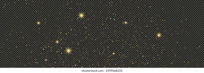 Gold glittering dust with stars on a gray transparent background. Dust with gold glitter effect and empty space for your text.  Vector illustration