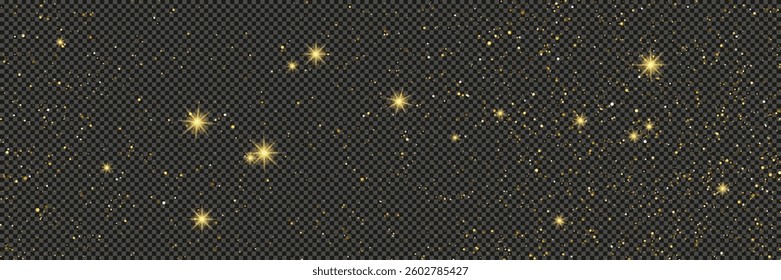 Gold glittering dust with stars on a gray transparent background. Dust with gold glitter effect and empty space for your text.  Vector illustration