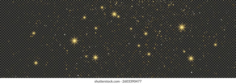Gold glittering dust with stars on a gray transparent background. Dust with gold glitter effect and empty space for your text.  Vector illustration