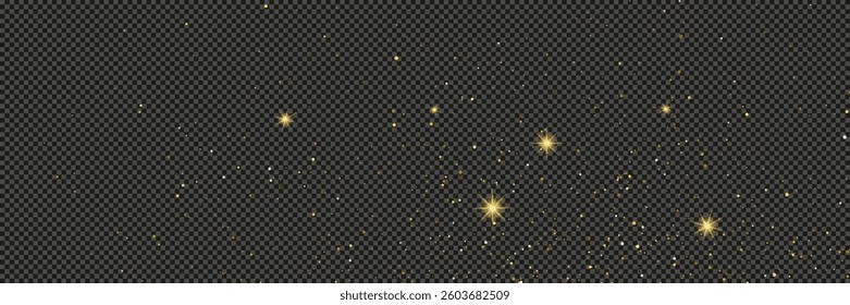 Gold glittering dust with stars on a gray transparent background. Dust with gold glitter effect and empty space for your text.  Vector illustration