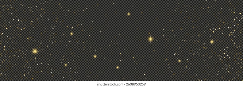 Gold glittering dust with stars on a gray transparent background. Dust with gold glitter effect and empty space for your text.  Vector illustration