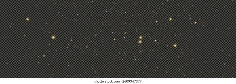Gold glittering dust with stars on a gray transparent background. Dust with gold glitter effect and empty space for your text.  Vector illustration