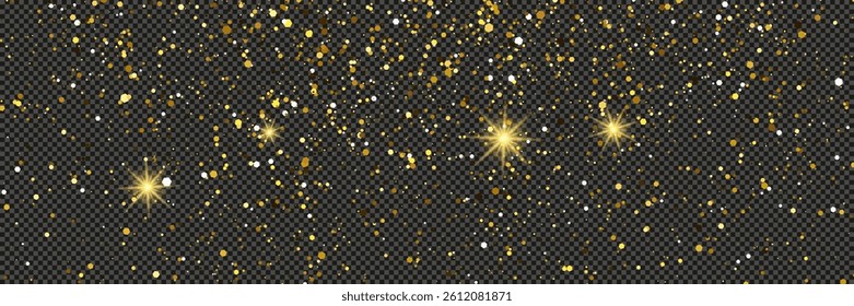 Gold glittering dust with stars on a gray transparent background. Dust with gold glitter effect and empty space for your text.  Vector illustration