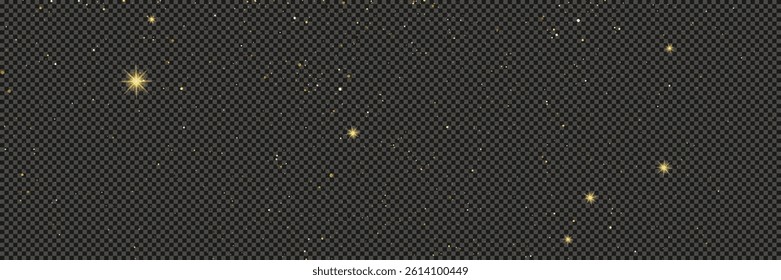 Gold glittering dust with stars on a gray transparent background. Dust with gold glitter effect and empty space for your text.  Vector illustration