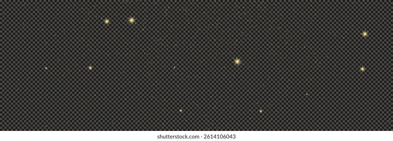 Gold glittering dust with stars on a gray transparent background. Dust with gold glitter effect and empty space for your text.  Vector illustration
