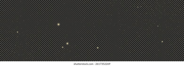Gold glittering dust with stars on a gray transparent background. Dust with gold glitter effect and empty space for your text.  Vector illustration