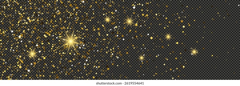 Gold glittering dust with stars on a gray transparent background. Dust with gold glitter effect and empty space for your text.  Vector illustration