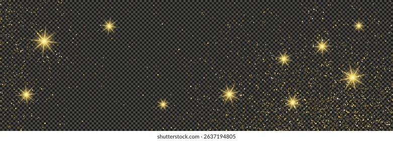 Gold glittering dust with stars on a gray transparent background. Dust with gold glitter effect and empty space for your text.  Vector illustration