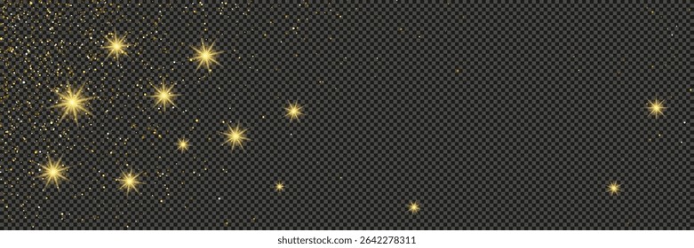 Gold glittering dust with stars on a gray transparent background. Dust with gold glitter effect and empty space for your text.  Vector illustration