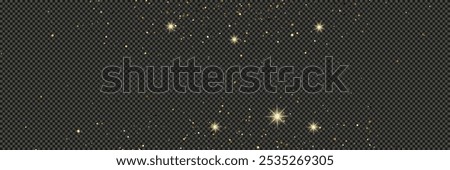 Gold glittering dust with stars on a gray transparent background. Dust with gold glitter effect and empty space for your text.  Vector illustration