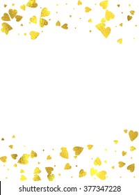 Gold glittering foil hearts vertical frame on white background, vector isolated design elements
