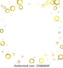 Gold glittering foil hexagons square frame on white background, vector isolated design elements