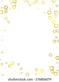 Gold glittering foil hexagons vertical frame on white background, vector isolated design elements