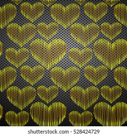 Gold glittering foil seamless pattern with hearts on metal background