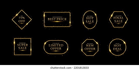 Gold glitzernde Rahmen für den Verkauf. Rabatte, Verkäufe, bester Preis, neues Angebot. Black Friday Luxus-Verkaufsbanner. Goldene Textschrift.