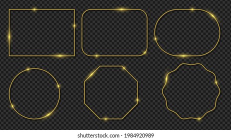 Goldener, glänzender Rahmen mit Schatten einzeln auf schwarz-transparentem Hintergrund. Vektorgrafik.