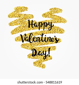 Gold glittering heart confetti and lettering phrase "Happy Valentine's Day". Heart Love gold glitter background. Golden love background for cards, print, flyer, poster, sign, banner, web,  invitation.