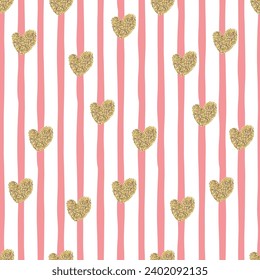 Gold glittering heart confetti seamless pattern on pink striped background. Vector seamless background.