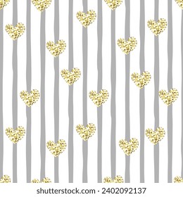 Gold glittering heart confetti seamless pattern on grey striped background. Vector seamless background