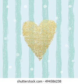 Gold glittering heart confetti seamless pattern with hand drawn stripes. For wrapping, wallpaper, textile, invitation, wedding card, valentine's day romantic card. Trendy color 