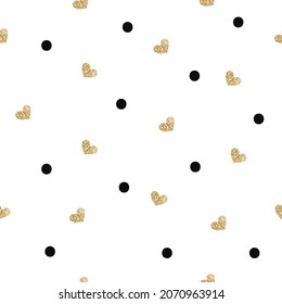 Gold glittering heart with dot seamless pattern on white background. Design template card, wallpaper, wrapping, textile, fabric etc Vector Illustration