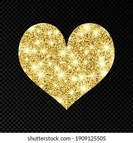 Gold glittering heart on dark transparent background. Background with gold sparkles and glitter effect. Vector illustration