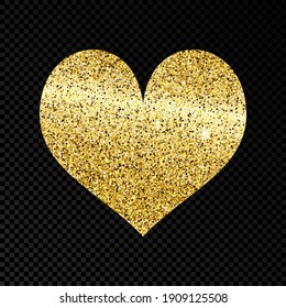 Gold glittering heart on dark transparent background. Background with gold sparkles and glitter effect. Vector illustration