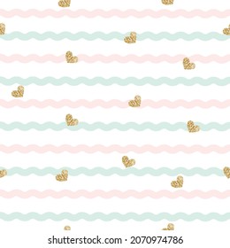 Gold glittering heart seamless pattern on pastel wavy line background  seamless patterns. Design template card, wallpaper, wrapping, textile, fabric etc Vector Illustration	