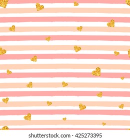 Gold glittering heart seamless pattern on  the cute retro striped background. Vector illustration