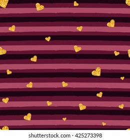 Gold glittering heart seamless pattern on  the vinous striped background