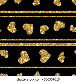 Gold glittering heart seamless pattern. Horizontal striped background. Wallpaper print with gold.