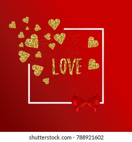Gold glittering hearts pattern on red background vector illustration. Valentines day card. Template background. Love banner