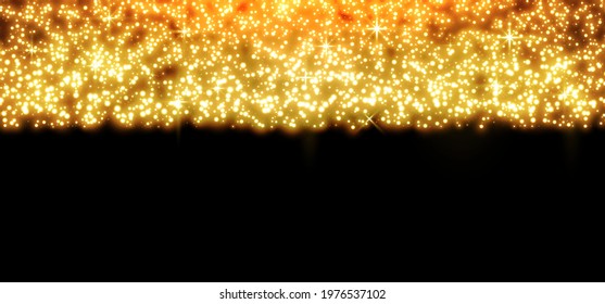 Gold glittering horizontal border from dots, sparkles, particles and stars on a black background.
Abstract light effect. Gold luminous points. Element for Christmas, party. Vector illustration.