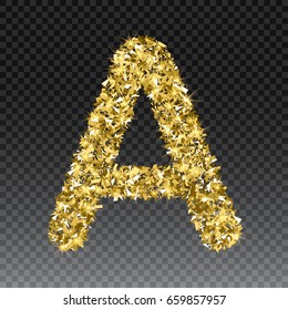 Gold glittering letter A. Vector shining golden font lettering of sparkles on checkered background.