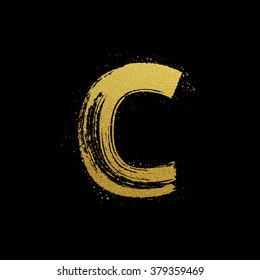 Gold Glittering Letter C In Brush Hand Painted Style