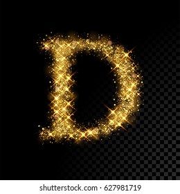 Gold glittering letter D. Vector shining golden font lettering of sparkles on black background.