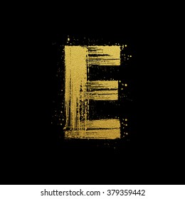 Gold glittering letter E in brush hand painted style