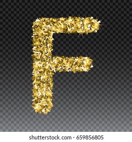 Gold glittering letter F. Vector shining golden font lettering of sparkles on checkered background.