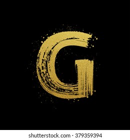 Gold glittering letter G in brush hand painted style