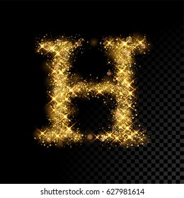 Gold glittering letter H. Vector shining golden font lettering of sparkles on black background.