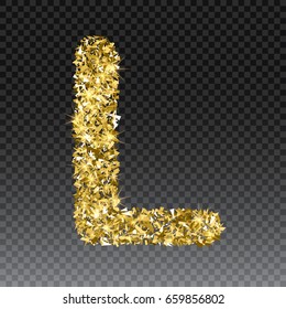 Gold glittering letter L. Vector shining golden font lettering of sparkles on checkered background.