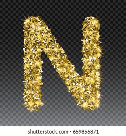 Gold glittering letter N. Vector shining golden font lettering of sparkles on checkered background.