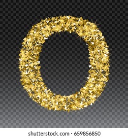 Gold glittering letter O. Vector shining golden font lettering of sparkles on checkered background.