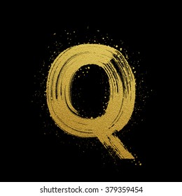 Gold glittering letter Q in brush hand painted style