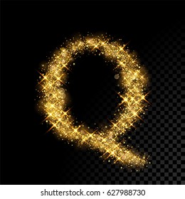 Letra dorada brillante Q. El vector brillaba con letras de letra doradas de brillo sobre fondo negro.