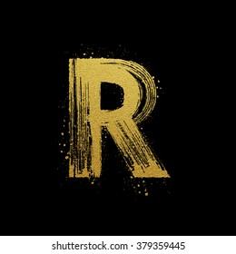 Gold glittering letter R in brush hand painted style