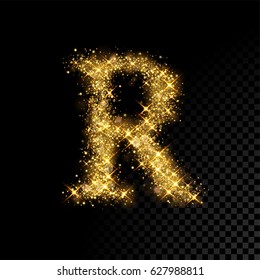 Gold glittering letter R. Vector shining golden font lettering of sparkles on black background.